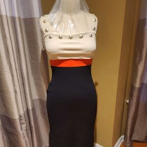 Versace Collection Stylish Black and Cream Dress Sz 40 (US 8) with Orange Accent